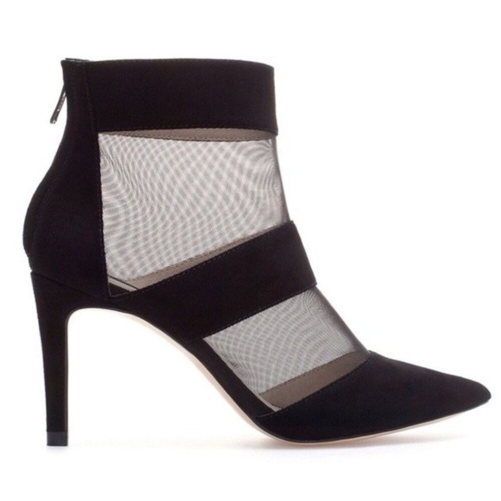 Zara Net Mesh Cage Pointy Toe Heeled Black Boots 37
